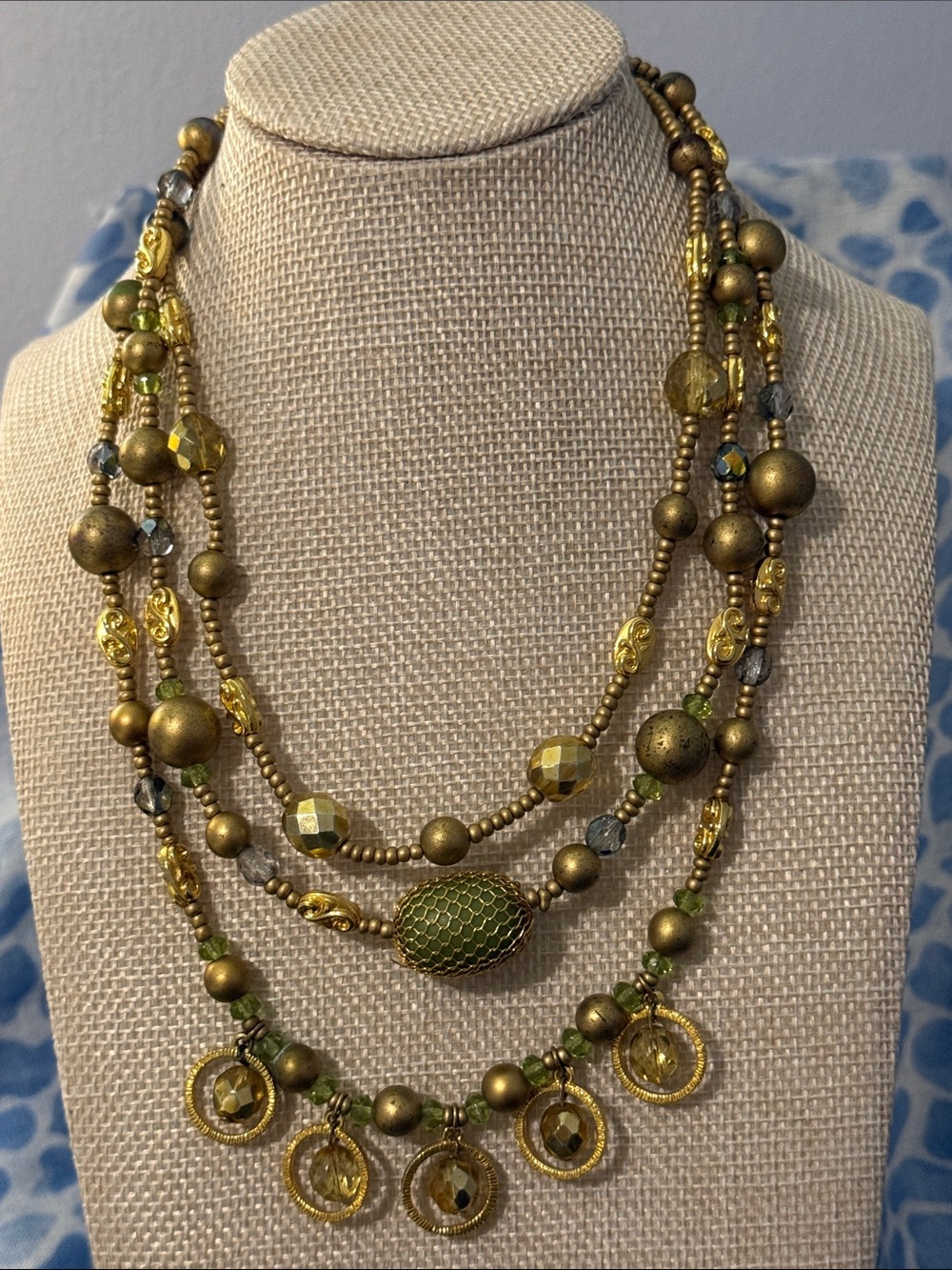 Chico's Multi-Strand Gold and Olive Green Beaded Necklace